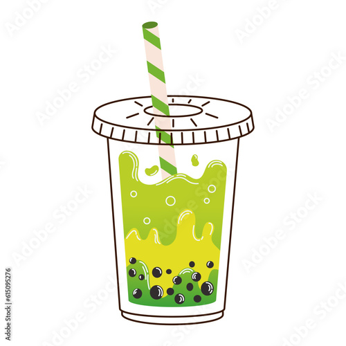 Cup of yellow green bubble tea with stick, lid and tapioca in flat style isolated on white background. For print, design, poster