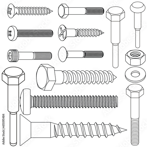 nut and bolt vector outline icon illustration