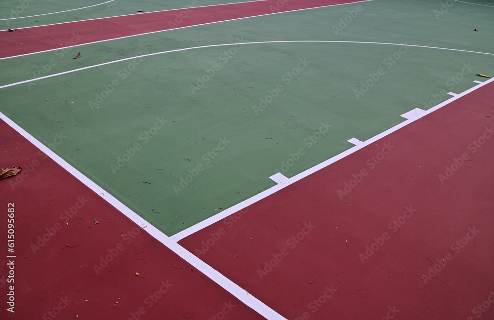 Colorful Floor volleyball, futsal, basketball, badminton court with outdoor amphitheater in the school and universities. ourdoor sports concept.