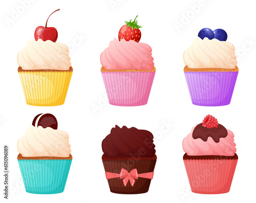 Colorful cupcakes with different decoration. Sweets vector illustration.