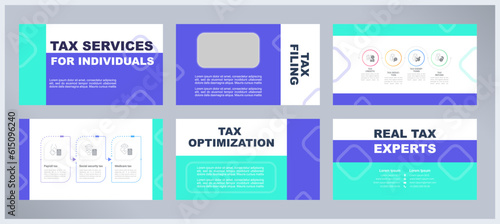Tax services for individuals presentation templates set. Personal financial planning. Filing support. Ready made PPT slides on blue and white background. Graphic design. Arial font used