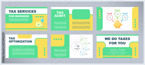 Tax services for business presentation templates set. Outsourced accounting. Bookkeeping. Corporate income. Ready made PPT slides on multicolor background. Graphic design. Arial font used