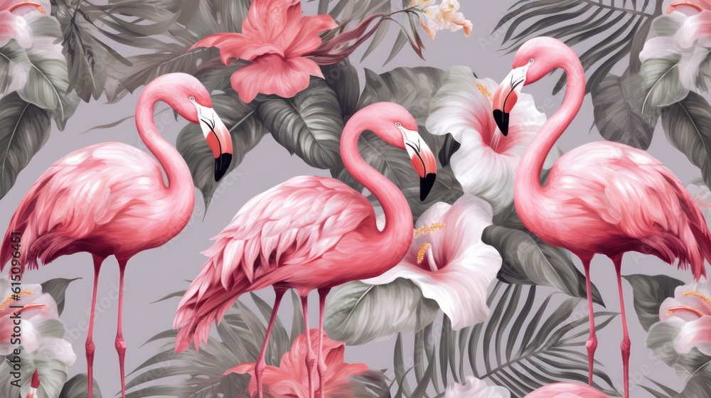 Naklejka premium pink flamingo and pink flower background