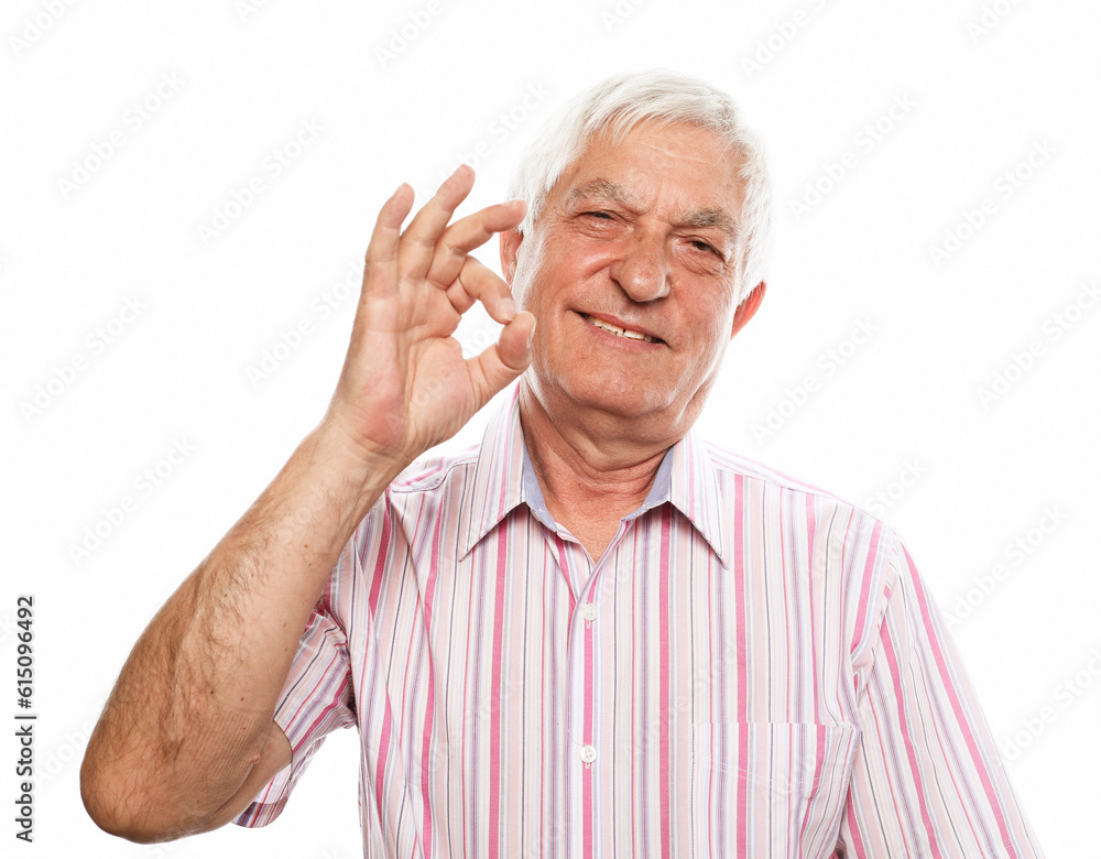 Portrait of energetic positive old man show okay sign Portrait of energetic positive old man show okay sign