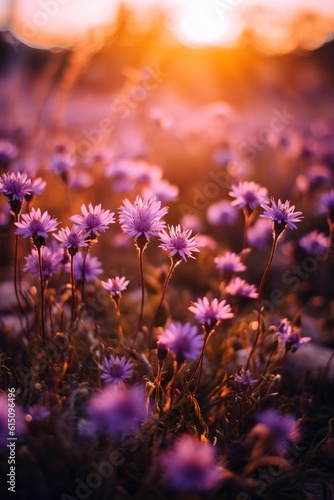 a field of purple flowers with the sun in the background