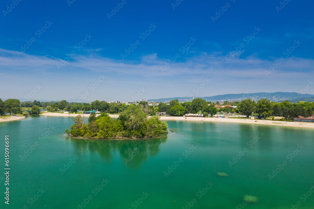 Aerial view of Jarun lake in Zagreb, Croatia, tourist destination Aerial view of Jarun lake in Zagreb, Croatia, tourist destination