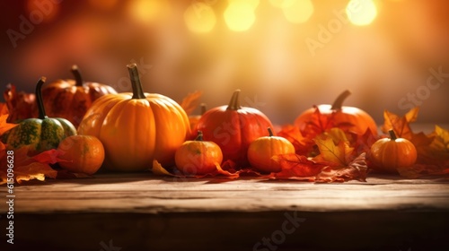Thanksgiving Day. Autumn decor with pumpkins, berries and leaves. Generative AI