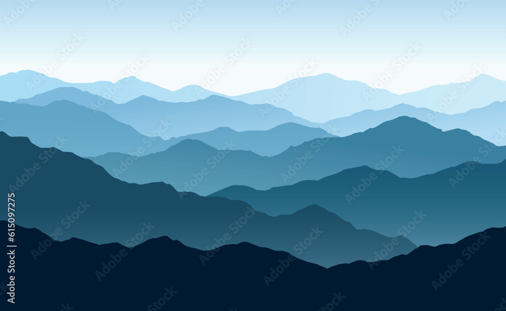 Vector horizontal panoramic landscape with blue silhouettes of misty mountains and hills