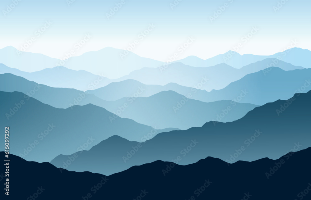 Vector horizontal panoramic landscape with blue silhouettes of misty mountains and hills