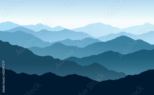 Vector horizontal panoramic landscape with blue silhouettes of misty mountains and hills