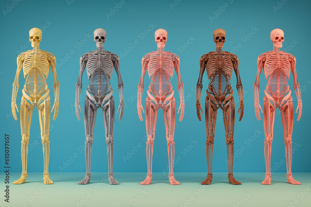Anatomical models of the human skeletal system are displayed in a ...