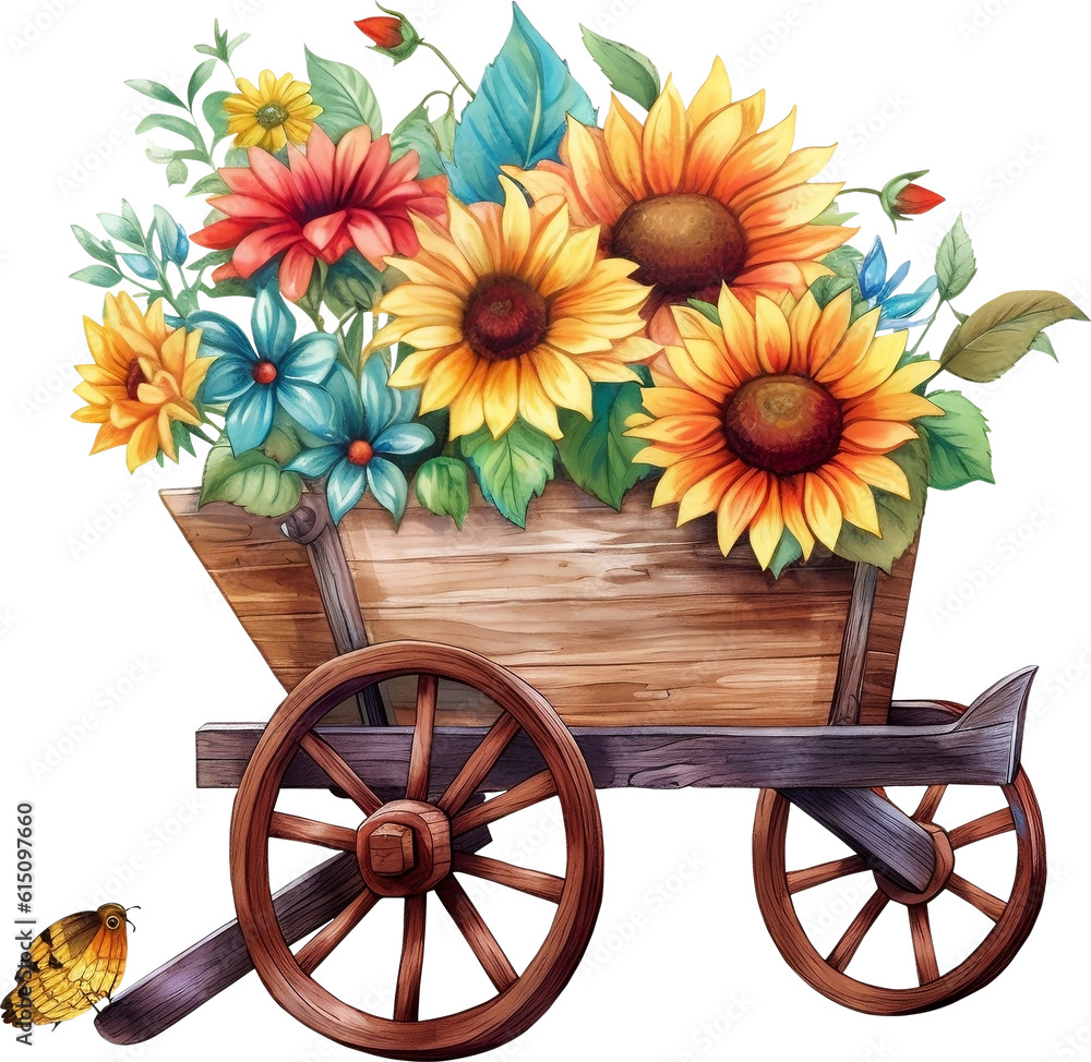Wooden Wheelbarrow with Sunflower Clipart, Fall Wheelbarrows, Planter