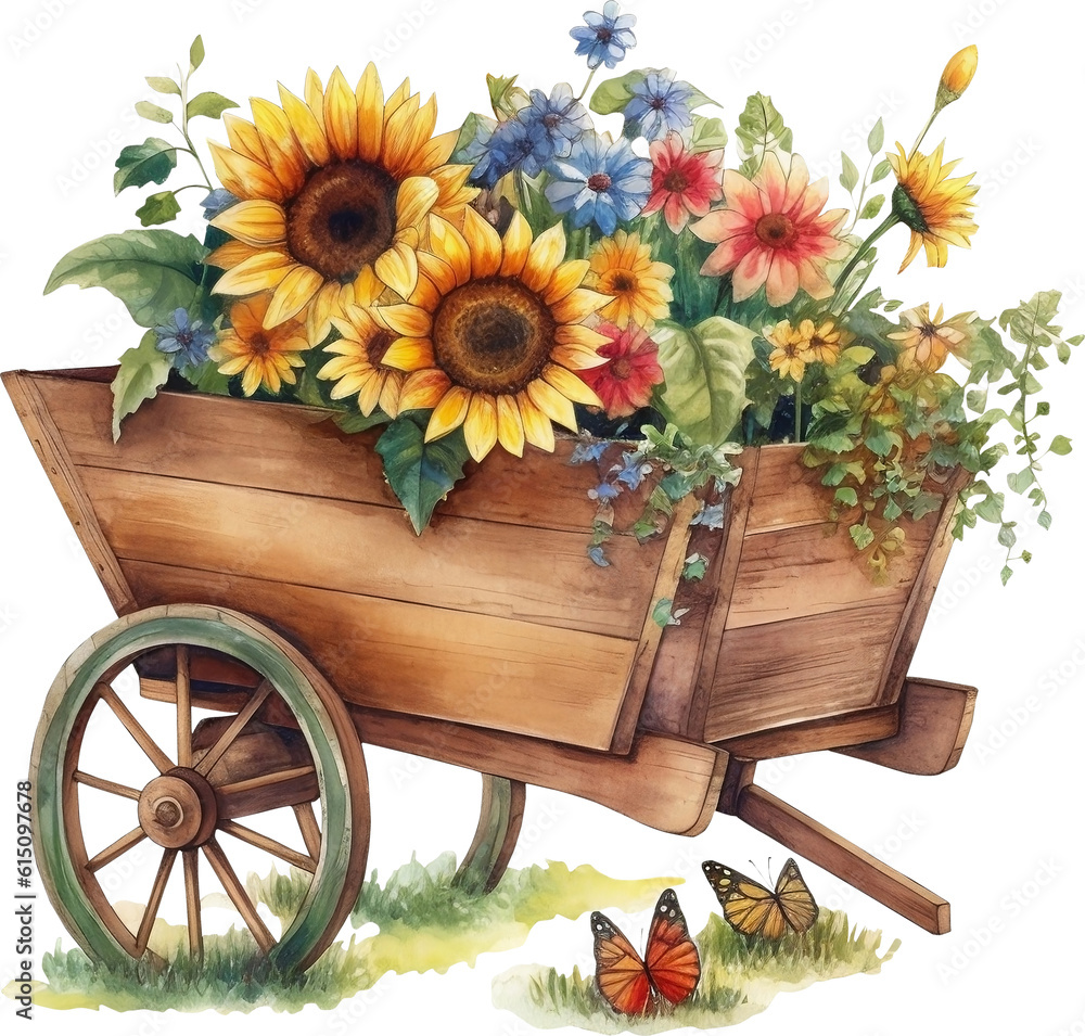 Wooden Wheelbarrow with Sunflower Clipart, Fall Wheelbarrows, Planter Clipart, Generative AI