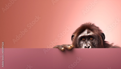Fototapeta Naklejka Na Ścianę i Meble -  Creative animal concept. Ape peeking over pastel bright background. advertisement, banner, card. copy text space. birthday party invite invitation