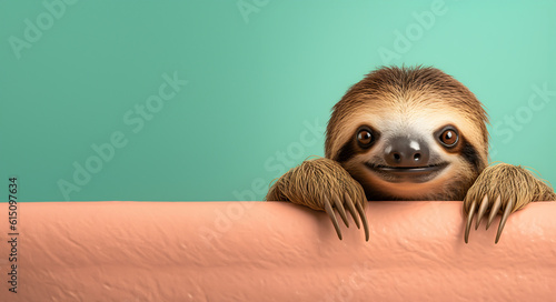 Creative animal concept. Sloth peeking over pastel bright background. advertisement, banner, card. copy text space. birthday party invite invitation © Sandra Chia