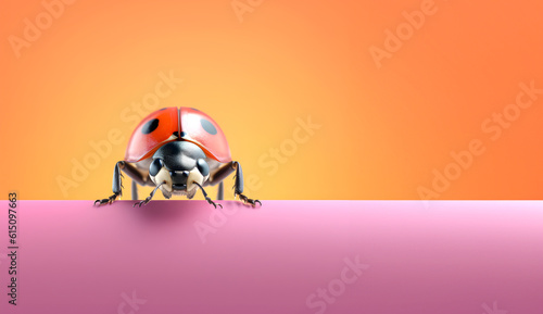 Creative animal concept. Ladybird ladybug peeking over pastel bright background. advertisement, banner, card. copy text space. birthday party invite invitation