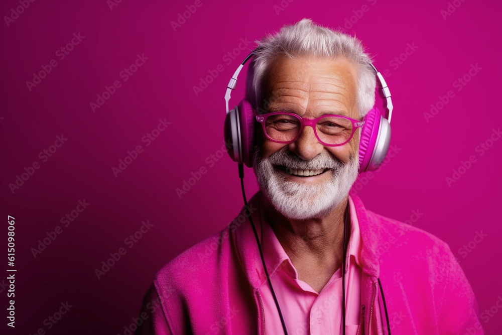 Elderly man smiles and listens to music in large headphones, magenta color background. Generative AI
