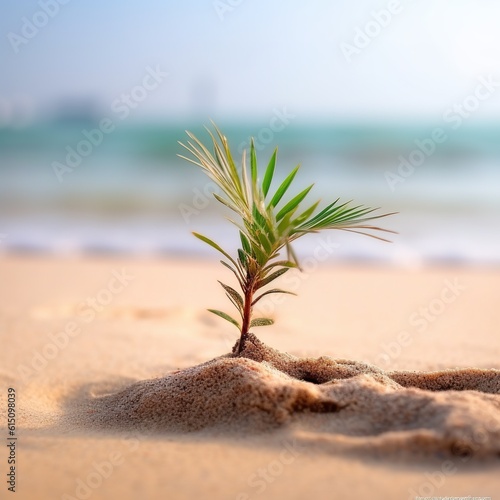 a small palm tree sitting in the sand beach