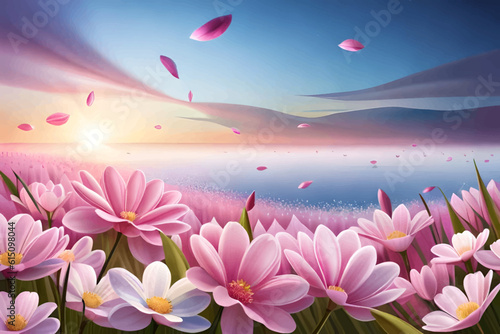 Abstract background with cherry flowers. Background with sakura flowers in the wind. © Oleh