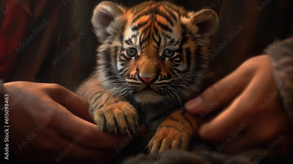 A young tiger cub being held by the hands of a person