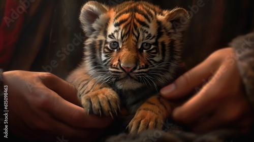 A young tiger cub being held by the hands of a person