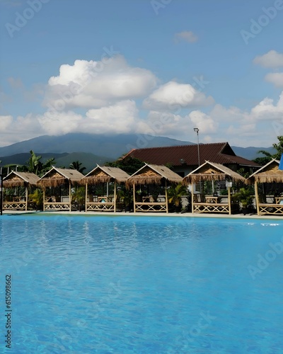 Landscape view for water park. Have a hut for relax. Blue sky background