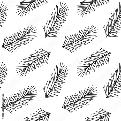 Seamless pattern with coniferous twigs. Linear vector illustration of fir branch. Black and white spruce background.