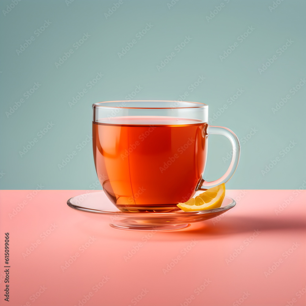 tea in glass teacup with lemon wedge isolated on plain blue and pink studio background, made with generative ai tea in glass teacup with lemon wedge isolated on plain blue and pink studio background, made with generative ai