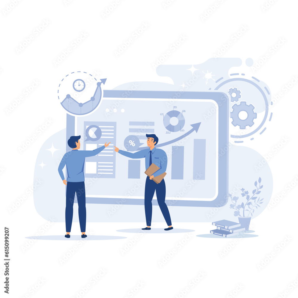 Marketing data analyzing illustration. charts and planning marketing strategy to achieve business goals. flat vector modern illustration Marketing data analyzing illustration. charts and planning marketing strategy to achieve business goals. flat vector modern illustration