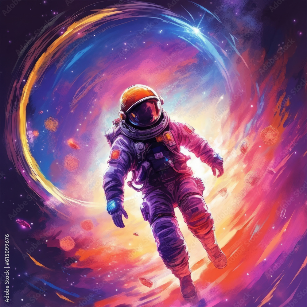 Soaring astronaut on a colored background. Digital art. Generative AI. Soaring astronaut on a colored background. Digital art. Generative AI.