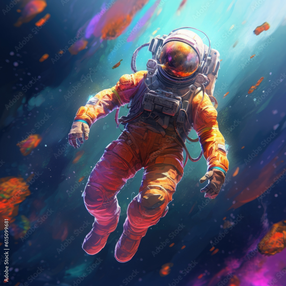Soaring astronaut on a colored background. Digital art. Generative AI. Soaring astronaut on a colored background. Digital art. Generative AI.