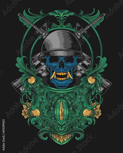 illustration of military skeleton with m4 rifle and ornament in engraving style suitable for costume tee, tactical design