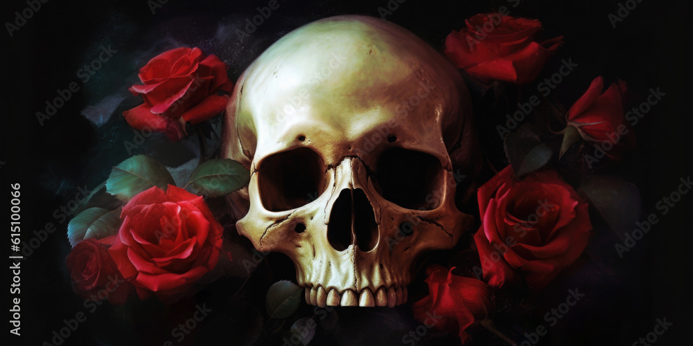 Skull and roses. Digital art. Generative AI. Skull and roses. Digital art. Generative AI.