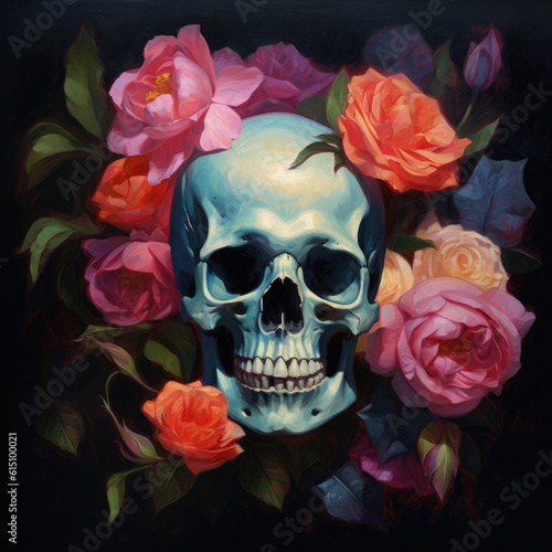 Skull and roses. Digital art. Generative AI.