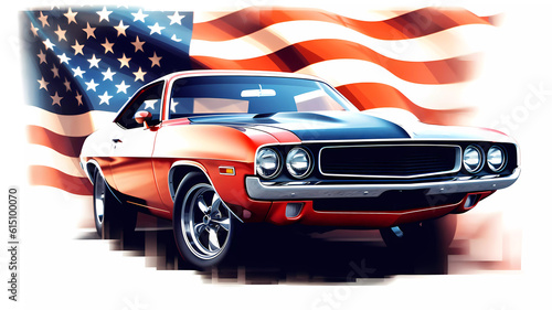 American Muscle Car with USA Flag