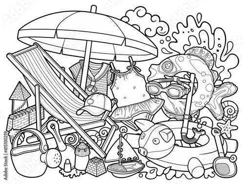 Cartoon cute doodles summer beach children's entertainment illustration.
