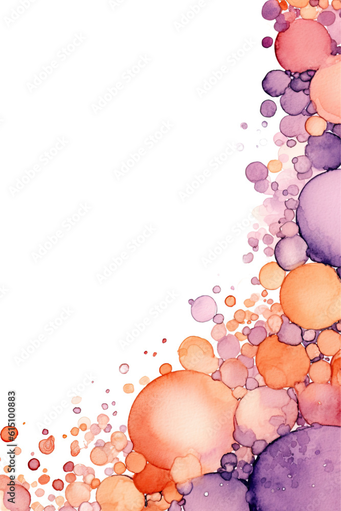 lavender and peach bubbles, watercolor paint abstract border frame for design layout, isolated on a transparent background, generative ai