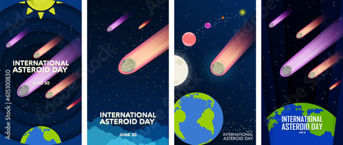 Set of International Asteroid Day Posters and Social Media Story Templates. June 30. Asteroids flying through space with planets and solar system elements in background. Vector Illustration. EPS 10.