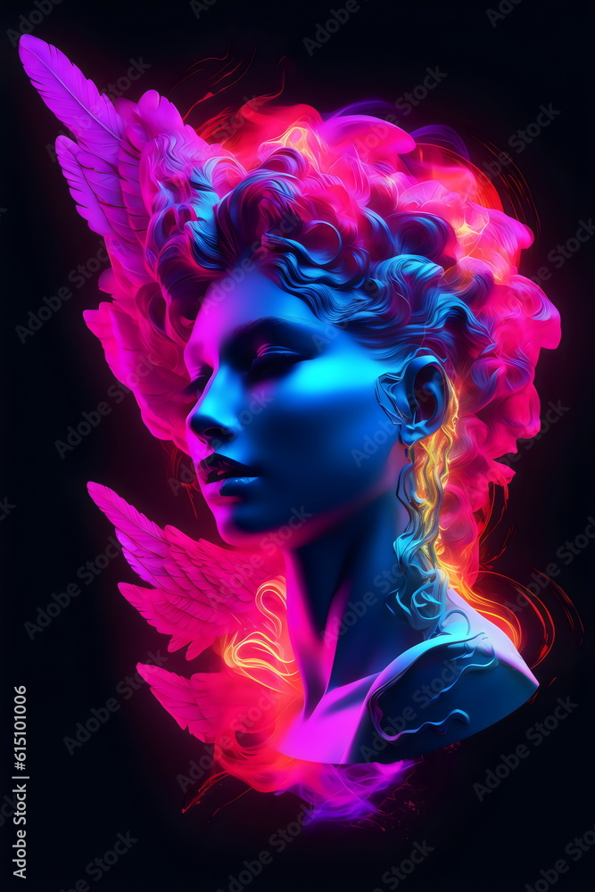 neon glowing pink, red and blue woman in profile illustration isolated on black made with generative ai
