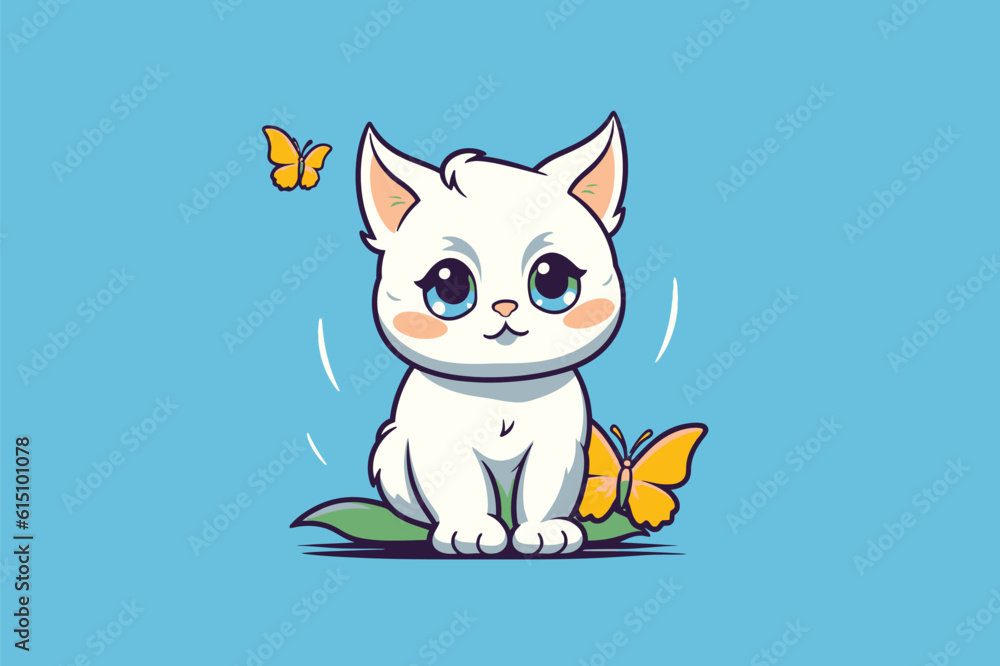Cute white cat sitting with butterflies on blue background. Vector illustration. Cute white cat sitting with butterflies on blue background. Vector illustration.