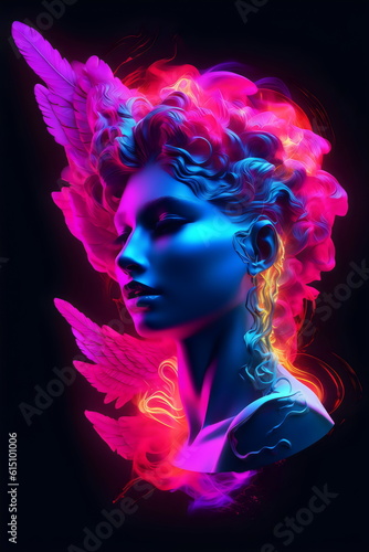 neon glowing pink, red and blue woman in profile illustration isolated on black made with generative ai