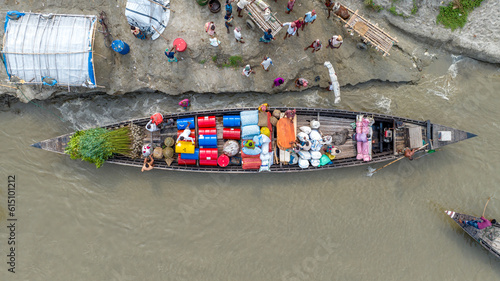 Aerial view of agricultural products trading on the river in sirajganj, bangladesh