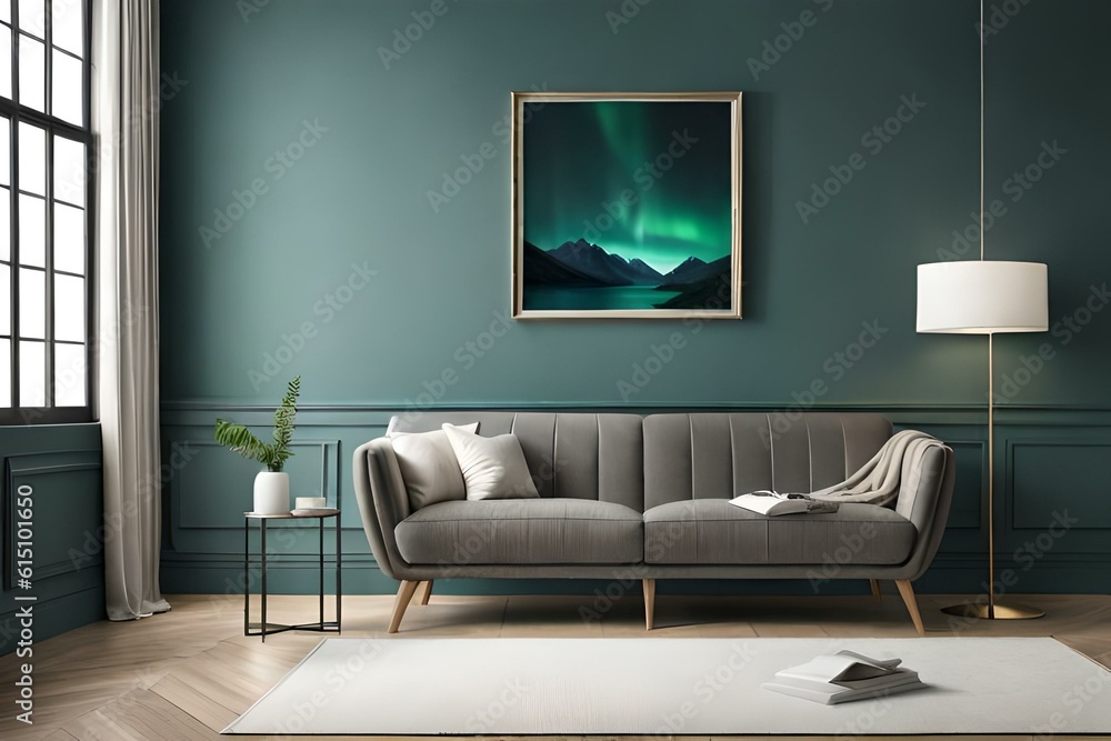 Fototapeta premium 3D Mockup canvas frame in dark green home interior with sofa, fur, table and branch in vase , created with AI