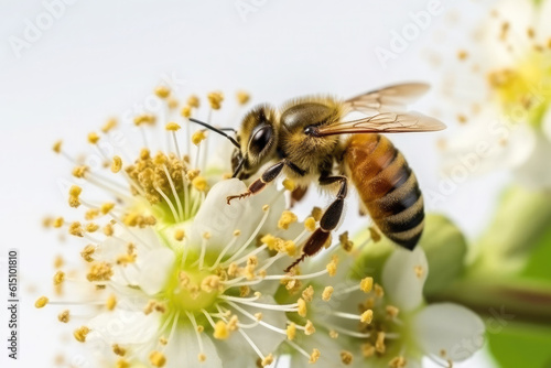 A bee collects pollen from linden inflorescences on a white background.