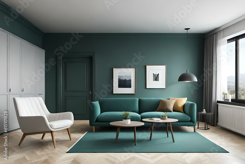 3D Mockup canvas frame in dark green home interior with sofa  fur  table and branch in vase   created with AI