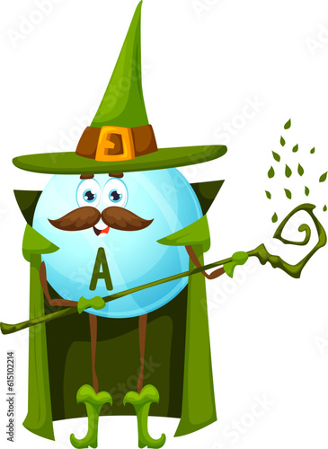 Cartoon vitamin A sorcerer character. Vector retinol capsule holding magic staff. Isolated warlock ball pill personage with moustaches wearing green pointed hat and cloak. Fantasy nutrient tablet