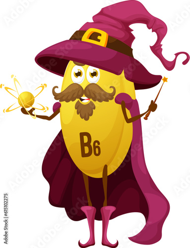 Cartoon funny vitamin B6 wizard character. Vector pyridoxine capsule showing atom with electrons. Isolated yellow nutrient magician or sorcerer personage with moustaches and beard holding magic wand