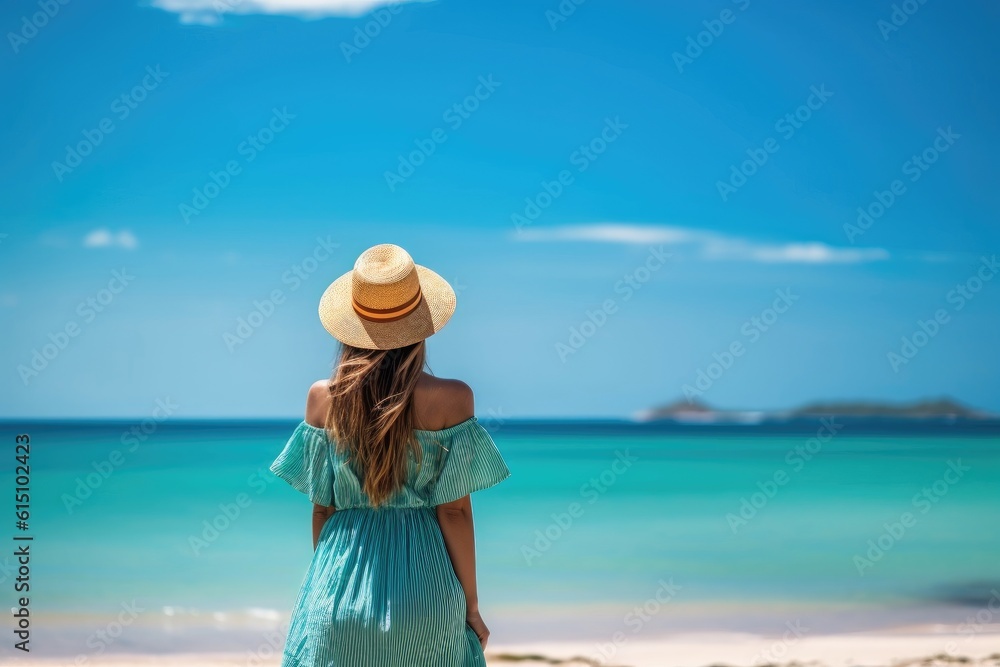 Back view young happiness traveller woman standing on beautiful sandy beach, ai generated Back view young happiness traveller woman standing on beautiful sandy beach, ai generated