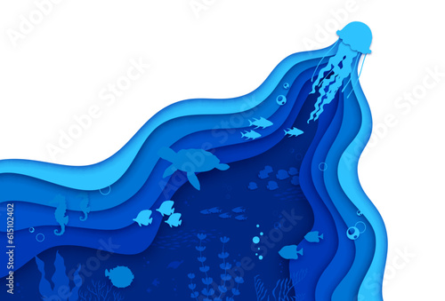 Sea paper cut jellyfish, turtle and fish shoals on ocean bottom. Vector 3d mesmerizing underwater scene with plants and animal silhouettes float effortlessly in depth of intricate wavy papercut frame