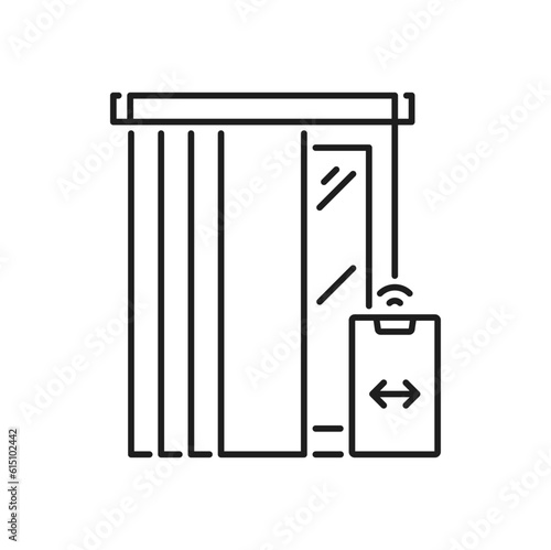 Japanese jalousie on remote control isolated outline icon. Vector window blind, curtain pictogram, automatic window blinds interior design element